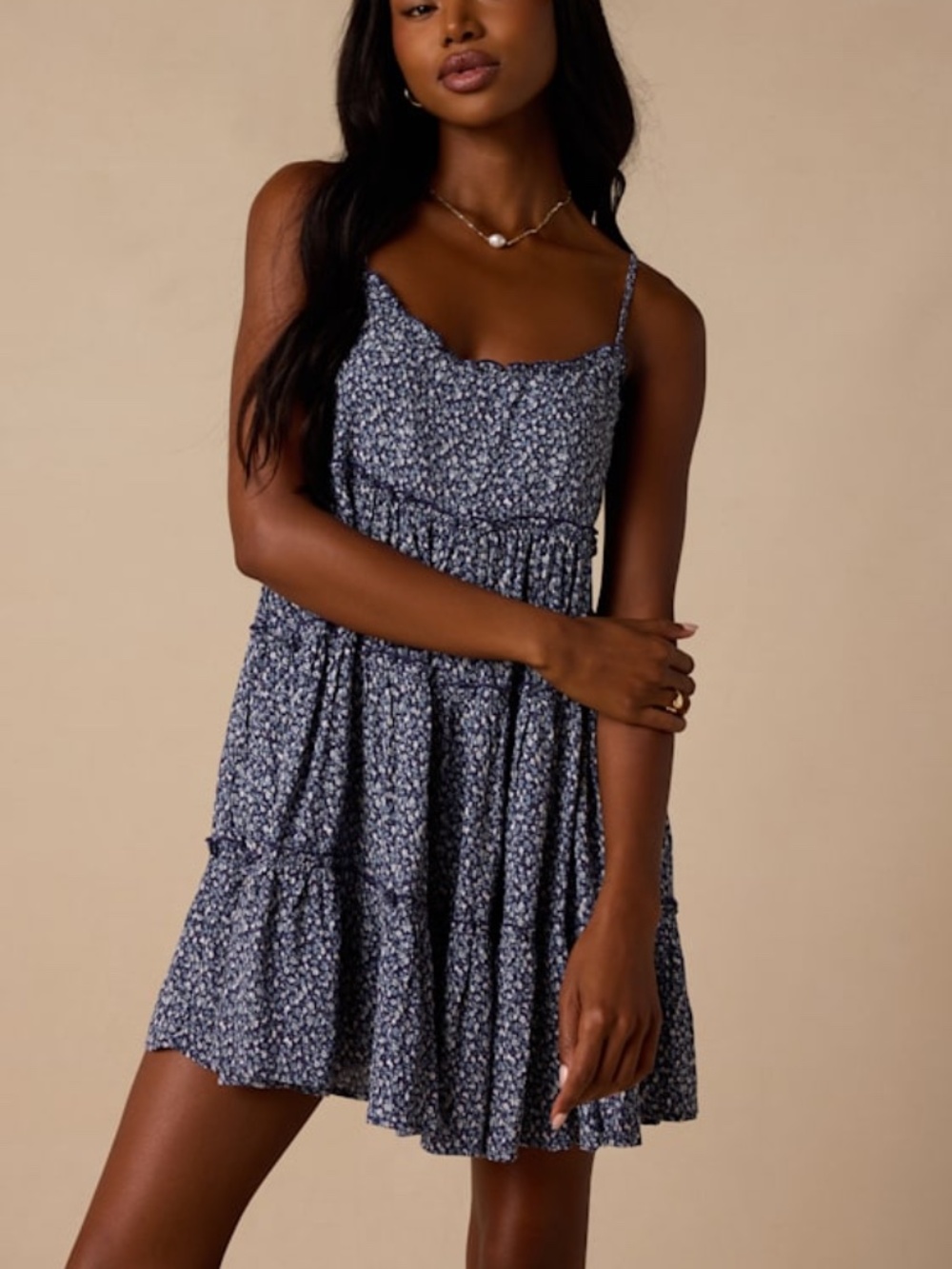 Lulus Sitting In The Sun Navy Blue Floral Print Ruffled Babydoll Dress - Size S